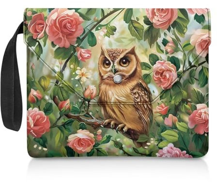 ZIATUBLES Retro Rose Blume Eule Druck Buchhülle Portable Book Protector Book Covers for Paperbacks, Large Book Sleeve with Handle for Teens Book Holder Pouch, Button Closure