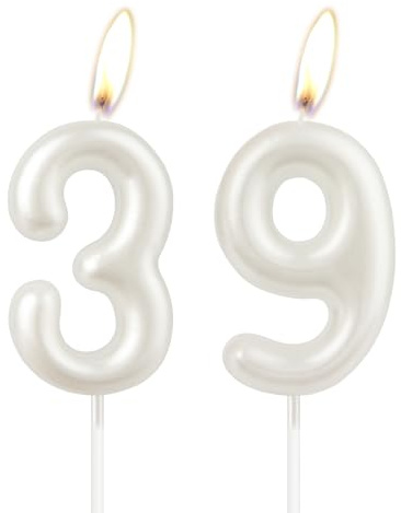 Perlweiße Geburtstagskerze, weiße Happy Birthday Zahl 39, Kuchenkerzenaufsatz für Mädchen, Hochzeitstag, Gedenken