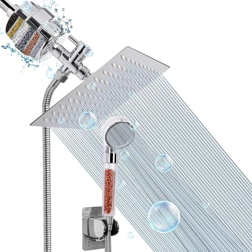 8'' Regendusche Duschkopf mit Filter - Wassersparend Handbrause mit Filter und Dusche Schlauch, Hochdruck Shower Head Kopfbrause mit Kalkfilter, 304 Edelstahl, Chrom