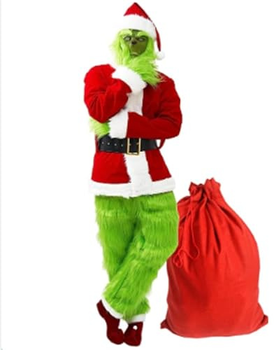 Newhope Grinch Kostüm für Erwachsene - 8 PCS Grinch Weihnachtsmann Outfit Grünes Monster Halloween Weihnachtsanzug mit Maske und Weihnachtsmütze Cosplay Requisiten L-XL