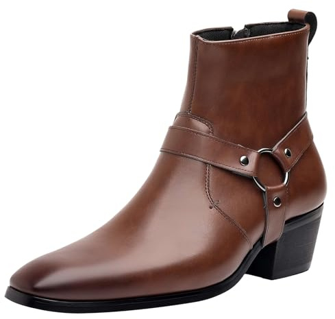ANUFER Hommes 5cm Talon Bloc Fermeture éclair Latérale Bottines Café EU45.5
