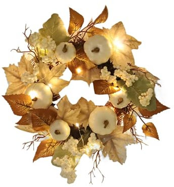 HerbsttürkräNze Herbstdeko Herbstkranz Türkranz Hochzeit Deko KüRbisse für Haustür Wand Kranz Anhänger Herbstkranz für Bauernhaus Herbstdekorationen für Haus Bauernhauskranz (with Light, 30cm)