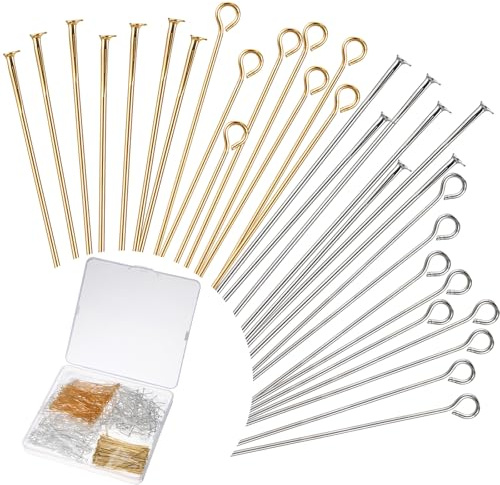 Dimeho Stecknadeln mit Flachem Kopf zur Schmuckherstellung, 5,1 cm Ösennadeln in Gold- und Silberoptik Schmuckkopfnadeln mit Kugelkopf Gerade Ösennadeln Flache Metallkopfnadeln für Heimwerkerbedarf