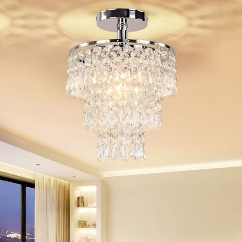 Modern Crystal Chandelier, Ceiling Light Fitting Hallway Lights Ceiling Light Chandelier Lampshade 3 Tiers Crystal Raindrop for Bedroom Living Room Dining Room