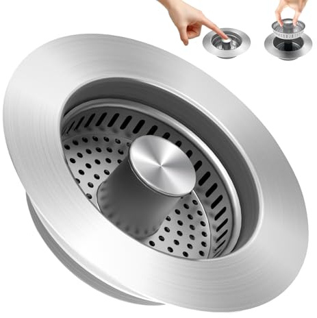 ULIOLI 3 in 1 Kitchen Sink Drain Strainer Sink Stopper, Stainless Steel Sink Drain Strainer with Anti-Clogging Basket, Kitchen Sink Drain Filter Plug for US Standard 3-1/2 Inch Drain (1Pack)