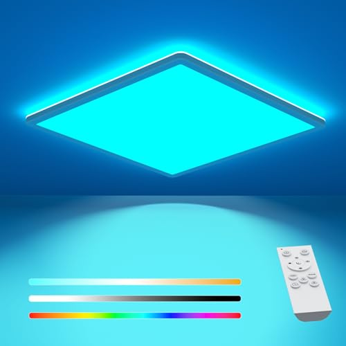 slochi RGB LED Ceiling Light 4000K, 25W 3200LM Bathroom Light Dimmable with Remote Control, RGB Color Changing Front-Illuminated, Square Flush Ceiling Lights for Bedroom,Kids Room,Kitchen,Living Room
