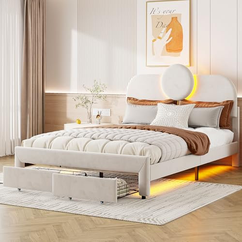 NLDGR Polsterbett Doppelbett 140 x 200 cm, Bettgestell mit Lattenrost und Kopfteil, Gästebett mit 2 Schubladen und LED-Beleuchtung, Schubladenbett in hautfreundlichem Flanell, Beige, Ohne Matratze