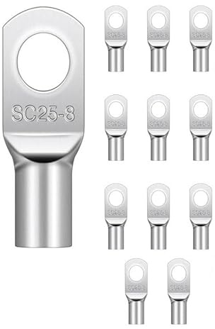 Pack of 12 Pipe Cable Lugs M8, Cable Lug 25 mm² Uninsulated SC Ring Cable Lug Tinned Copper Tube Cable Lugs for Battery Cable Car Distribution Boxes