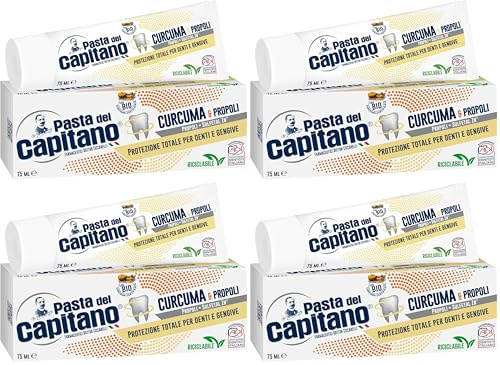 Pasta del Capitano, Dentifricio Curcuma e Propoli Bio, Garantisce una Completa Igiene del Cavo Orale, Protezione Totale per Denti e Gengive, 100% Made in Italy, Tubetto da 75 ml (Confezione da 4)