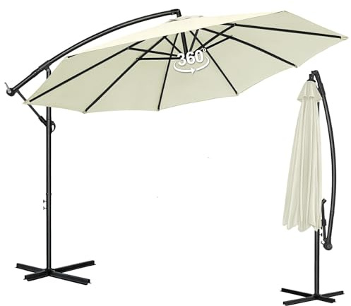 Sonnenschirm 3m Abdeckung Ø 300 cm, Gartenschirm mit UV-Schutz 40+, windfest, 360° Drehbar, Stabiler Kurbelschirm für Balkon-Garten-Terrasse, Perfekt für Sonnige Tage & langfristige Nutzung, Beige