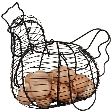 Soporte para cesta de huevos de gallina, cesta de recogida y recogida de huevos en forma de gallina, soporte rústico, alambre negro, almacenamiento de capacidad, recolección,