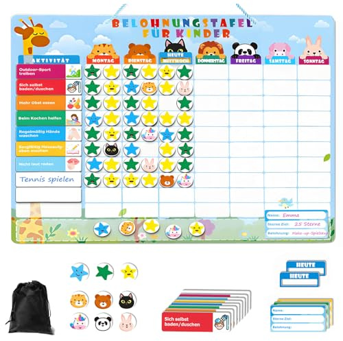 Willingood Magnetische Belohnungstafel Kinder, Magnettafel mit 100 Aufgabenkarten,300 Sternmagneten, 60 Tiermagneten, Abwischbar Wochenplaner Montessori ADHS Hilfsmittel (Runde Ecke)