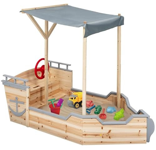 IDMarket - Sandkasten World aus Holz, Piratenschiff, mit Sitzbank und grauem Dach