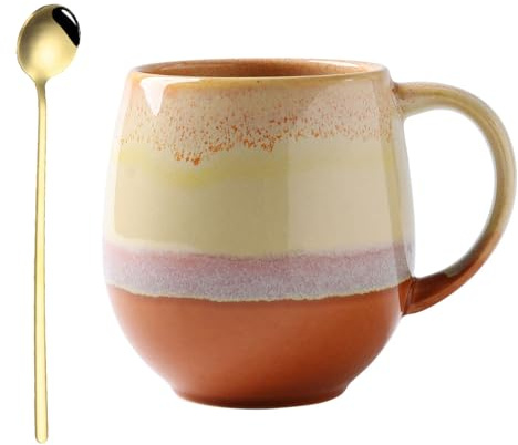 Cteahrow 500 ml Große Porzellan Kaffeetasse Becher,Mit Löffel,Tasse Steingut,Cappuccino Tassen,Teetasse,Geeignet für Büro und Zuhause(Gelb)