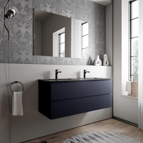 BERNSTEIN - AVA BRUXELLES Doppelwaschbecken zum Aufhängen, für Badezimmer, MDF, dunkelblau, matt, 2 Waschbecken aus Mineralguss, mattschwarz, mit Löchern für Wasserhähne – 120 x 46 x 50 cm