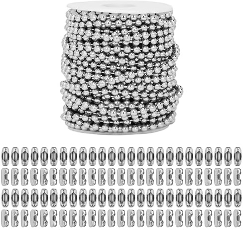 aleawol 17M/56 Feet Ball Bead Chain with 100pcs Connectors, 4.5mm Diameter | Stainless Steel Ball Chains, Silver Metal Roller Blind Chains Extension Cord for Curtains Holiday Decorations DIY Jewelry