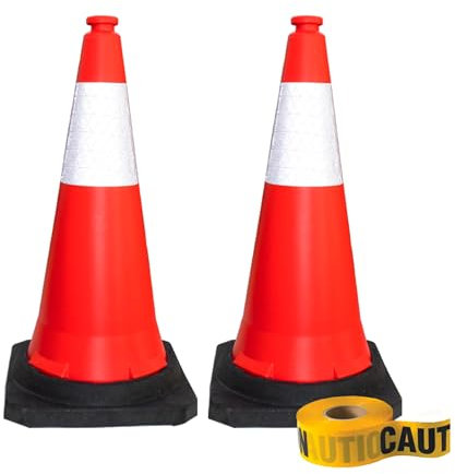 75CM Traffic Cones with 2” x 50 meter Caution Tape, High Visibility Safety Cone with Reflective and PVC Black Base, 30 Inch PE Portable Road Cones for Street, Wind Resistant Traffic Cone (Set of 2)
