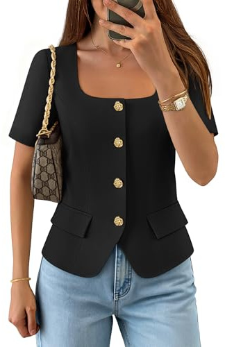 ZESICA Women's Trendy Vests Top 2026 Spring Summer Square Neck Short Sleeve Blazer Suit Button Down Business Casual Blouse, Black, M