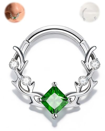 Jewseen 16G Septum Ring Vine Shaped Cartilage Earrings 316L Surgical Steel Nose Ring Hoop Green CZ Helix Rook Daith Body Piercing Jewellery for Women