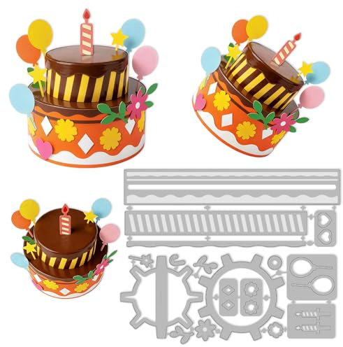 INFUNLY 13PCS 3D Birthday Cake Die Cuts for Card Making Pop Up Birthday Cutting Dies Layered Flower Metal Dies Butterfly Balloons Embossing Stencil for DIY Scrapbooking Paper Crafts Album Decor
