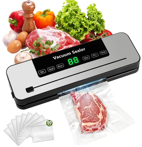 Machine Sous Vide avec Lumière UV 80KPa avec Affichage Numérique – Pour la Cuisine Maison, la Chasse et la Pêche – Couteau de Découpe Intégré, Soudure Thermique, 50 Sacs Prédécoupés Offerts