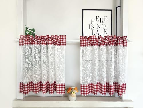 Daliena Fenstergardinen 2er Set Scheibengardinen Spitze Kurz Gardine mit Karo Muster Küchengardine Vintage Landhaus Bistrogardine Halbtransparent Kurzstore Rot mit Stangendurchzug BxH 90x45cm 2 stück