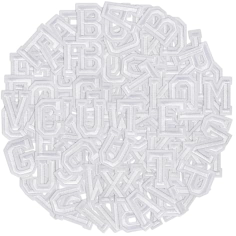 104Pcs White Iron on Letters Patches Alphabet Embroidered Patches A-Z Applique Patches Decorate Repair Patches for Clothes Backpacks Hats Socks DIY Accessories