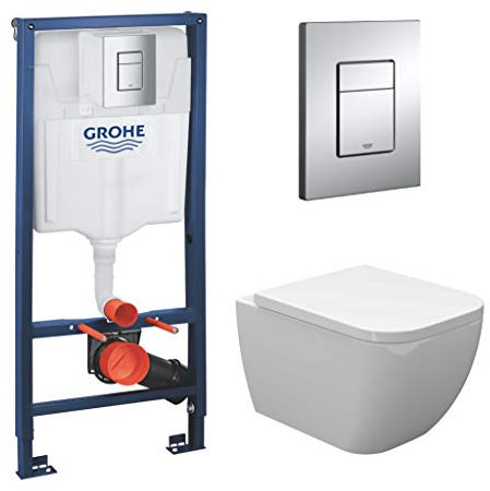 vanvilla Wand Hänge WC Tara Spülrandlos Tiefspüler Toilette mit Soft-Close WC-Sitz mit Grohe Vorwandelement SET