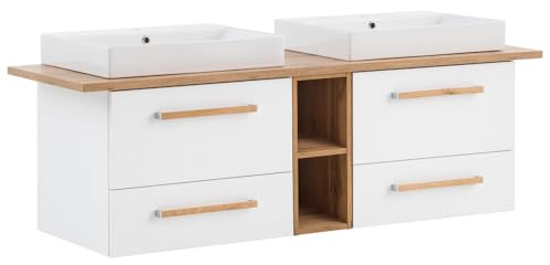 Lomadox Badmöbel Doppel-Waschtisch, Unterschrank Kreide weiß mit Eiche, 165cm inkl. 2 Keramik Aufstazwaschbecken, Regal, B/H/T: 165,2/61,5/50 cm