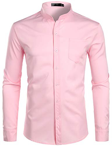 PARKLEES Chemise élégante à col grand-père pour homme, coupe ajustée, manches longues, boutonnée avec poche