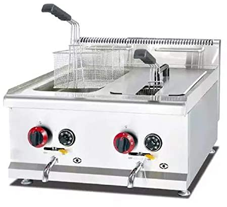 Ristoattrezzature Friggitrice a Gas - Su Mobile - Doppia Vasca - 14+14 Litri, Capacità Olio 10+10 Litri