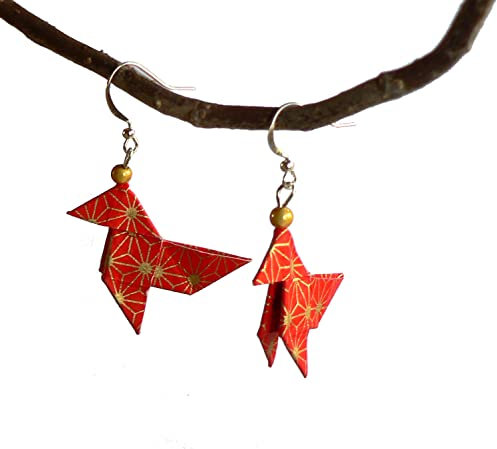 Cocotte Origami Papier Japonais Boucles d'oreilles Origami. Or et Rouge