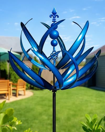 Cyan Oasis 231,1 cm Windspiel für den Außenbereich, extra große Metall-Windskulpturen, Spinner mit Pfahl, Windmühlen für den Hof, Garten, Hof, Kunst, Garten, Rasen-Dekoration, Blau (68,6 cm B x 231,1