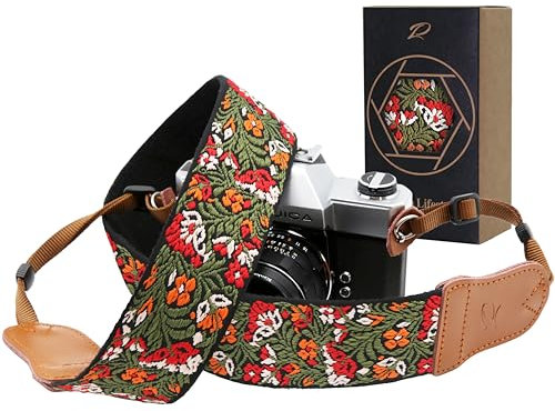 Padwa Lifestyle Sangle Appareil Photo - Extrémités en Cuir de Vachette Ddouble Couche,Sangle D'appareil Photo en Coton Brodé de 2,Bandoulière Photographe Réglable Pour Tous Les Appareils Photo DSLR