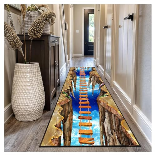 Siunwdiy 3D Teppichläufer Flur Lang mit Holzbrücken-Muster – Rutschfester Küchenteppich Waschbar 80 x 300 cm für Schlafzimmer, Wohnzimmer, Korridor – Blauer Flurläufer Meterware