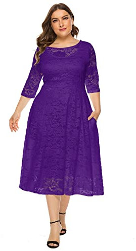 Odizli Robe femme élégante à manches 3/4 en dentelle pour mariage, cocktail et soirée - Grandes tailles, Violet, XXL