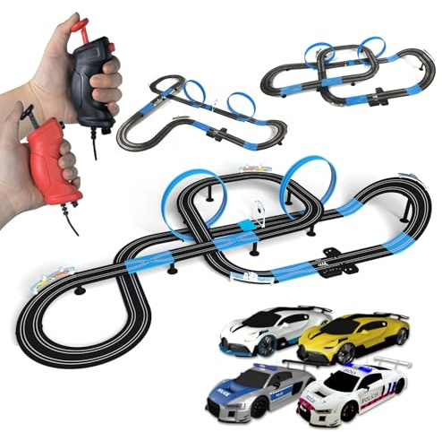 AGM MASTECH Slot Car Race Track Set, High Speed Series Tram Dual Track Set with 4 Licensed Racing Slot Cars, 2 Hand Controls, Track Parts and Lap Counter, 8.4M Long Track