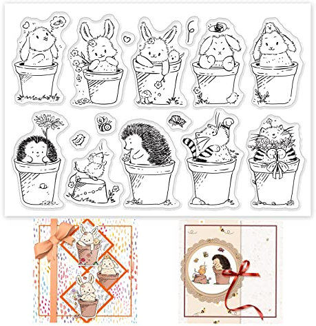 GLOBLELAND Tier Blumentopf transparente Stempel für DIY Scrapbooking Dekor Hase Igel Katze Maus Pflanze Blumen Biene Transparente Silikonstempel für die Herstellung von Karten Fotoalbum Dekoration