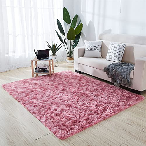 Hiseng Teppich Wohnzimmerteppich Nordisch Langflor Weich Flauschig Teppiche Anti-Rutsch-Shaggy-Bereich für Wohnzimmer flauschig Shaggy Schlafzimmer Bettvorleger (140x200cm,Dunkelrosa)