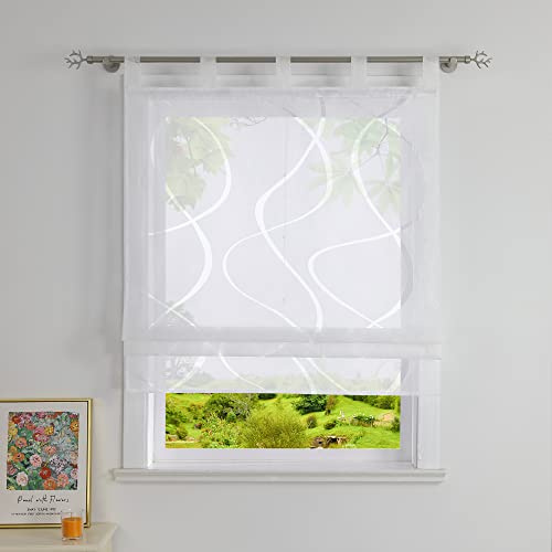 Heichkell Ausbrenner Raffrollo Raffgardine mit Schlaufen Transparent Vorhang Rollo ohne Bohren Schlaufenrollo Modern Weiß BreitexHöhe 120x140 cm