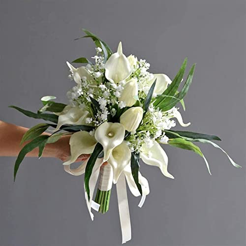ANVALI Fiori Artificiali, Bouquet di Fiori da Sposa, Bouquet da Sposa di Calla Bianca for la Sposa, Accessori da Sposa con Foglie di Fiori Finti Artificiali