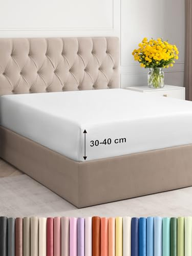Spannbettlaken 200x200cm Weiß - Extra Tiefes Spannbetttuch für Matratzen & Boxspringbett bis 40cm (16) Höhe - Mikrofaser - Weiche Gebürstete - Knitterfrei, Schrumpf- & Farbbeständig - Oeko-TEX