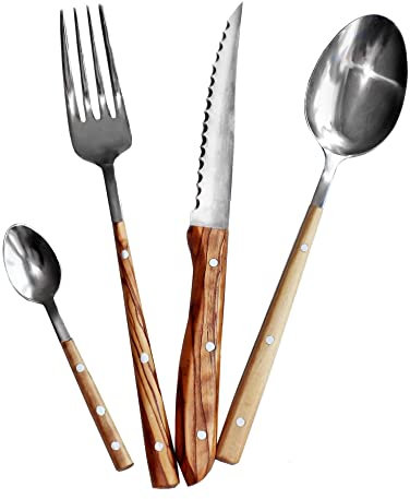 NATUREHOME Premium Design Olive Wood Cutlery Set of 4 Knife, Fork, Large Spoon, Small Spoon
