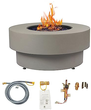 32-inch Outdoor Gas Fire Pit Table with Natural Gas Conversion Kit, 50,000BTU Propane Gas Fire Pits for Outside Patio w/Round Burner Lid, Glass Rocks, Cover