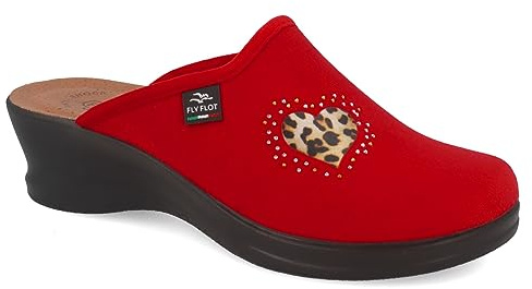 Fly Flot | Classic Woman, Pantofole Donna con Cuore Animalier e Strass, Ciabatta con Tomaia in Velluto, Sottopiede imbottito in Pelle Antishock, Rosso, 38