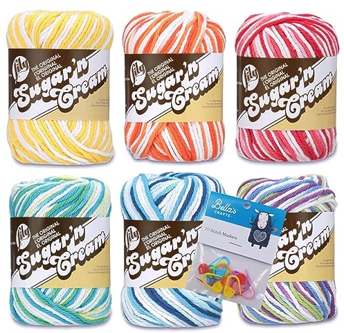 Lily Sugar'n Cream 100% Baumwollgarn, 6er-Pack mit Bella's Crafts Maschenmarkierern (Regenbogen-Ombre)