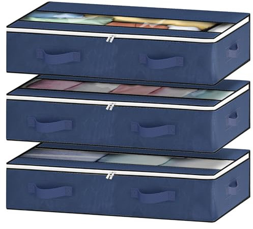 GoMaihe 3 Piezas, Almacenaje Bajo Cama, Plegable Bolsas para Guardar Ropa Con Mango Reforzado, Caja Organizador Armario para Edredón, Manta Zapatero Azul