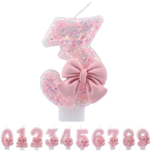 ALLAVA Kerzen Geburtstag 3, Geburtstagskerzen Zahlen Mädchen, Glitzernde Kerze 3, Geburtstagskerzen für Kinder, Erwachsene,Geburtstagsfeier, Jubiläum, Meilenstein (7,5cm, Rosa)