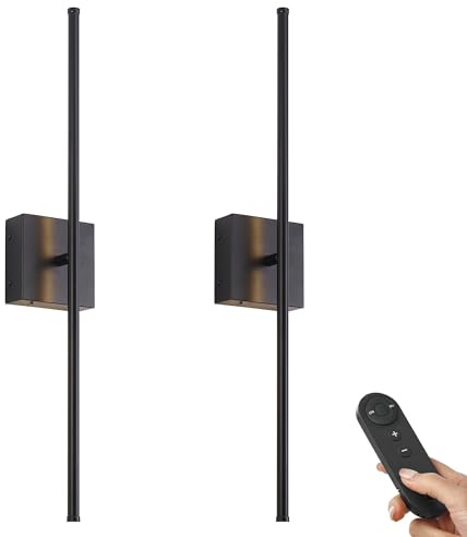 KARTOOSH 28.3 Inch Battery Operated Wall Sconces 3000K Warm White LED Wall Lights Remote Control Dimmable Set of Two 350°Rotate Wireless Lamps Home Decor for Living Room Hallway Bedroom, Black 2 Pack