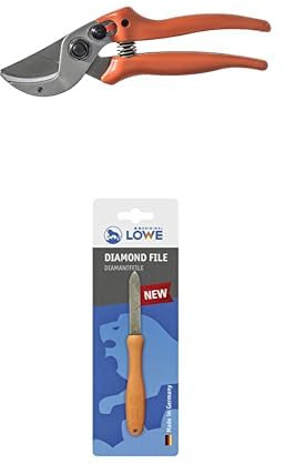 Original LÖWE Set bestehend aus kompakter und starker Profi Amboss Schere 15.104 für hartes Holz wie Kiefer, Linde, Fichte oder Lärche & Diamantfeile 0023 für Scheren, Äxte und Werkzeuge